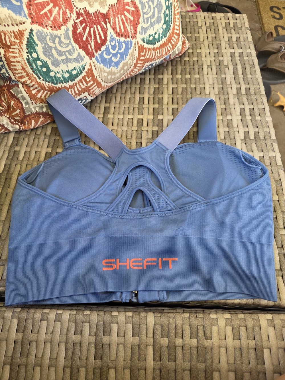 SHEFIT Blue Racerback Support Sports Bra with Orange Logo High Impact